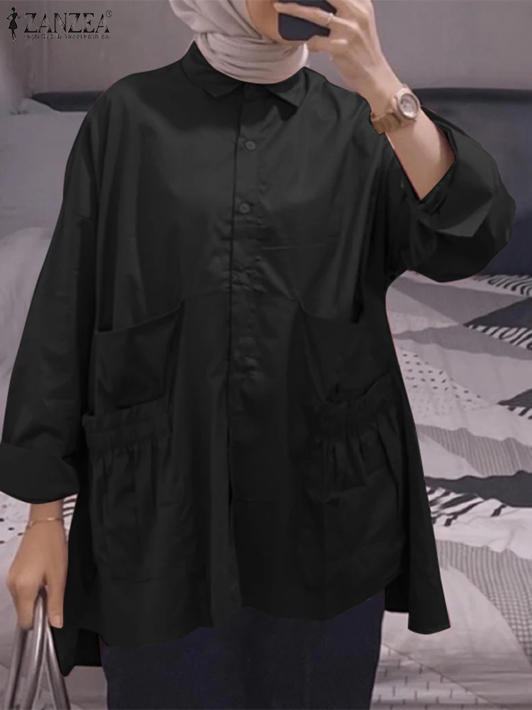 

ZANZEA Women Muslim Abaya Tops Autumn Shirt Elegant Solid Buttons Down Blouse Casual Pockets Lapel Neck Long Sleeve Work Blusas