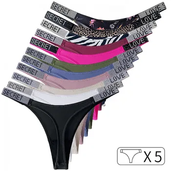 5Pcs Low Waist Sexy Panties Women Thongs Rhinestones Letter Diamonds G-string Sports Thong Shorts Briefs T-back Size S-XL