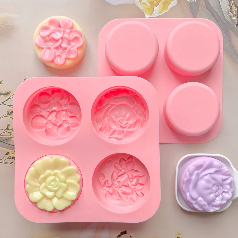 Silicone soap mold 1pc with 4 cavities and different flower shapes suitable for candle making molds