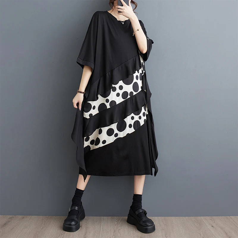 

Europe America Hepburn Style Patchwork Print Dots Chic Girls Black Fashion Women Summer Ruffle Dress Office Lady Work Midi Dress