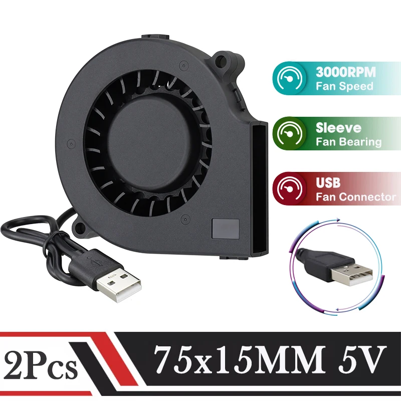 2Pcs Gdstime DC 5V USB Fan 75*75*15MM Centrifugal Turbo Blower Fan 15MM ...