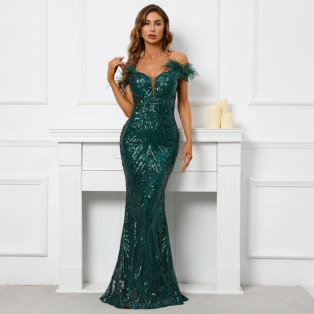 Kevwe Off Shoulder with Feather Sequin Dress - Image 2