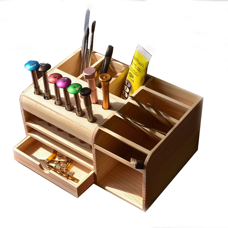 Toolguide Scatola di immagazzinaggio in legno Cacciavite Pinzette Supporto Riparazione del telefono cellulare Reception desktop Strumenti elettronici Scatola di parti di utensili - immagine 6