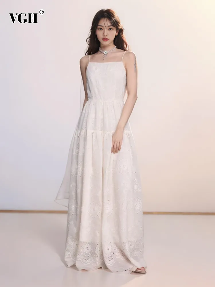 

VGH Solid Hollow Out Elegant Dress For Women Strapless Sleeveless Backless High Waist Slimming Temperament Dresses Female New