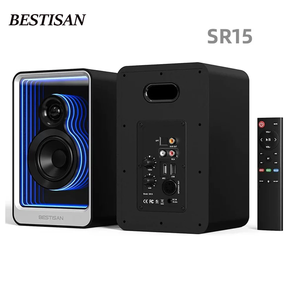 BESTISAN SR15 Active Monitor Bluetooth Speakers 100W Light Effects With Charger LDAC Codecs RCA Aux USB Inputs Bookshef Speakers