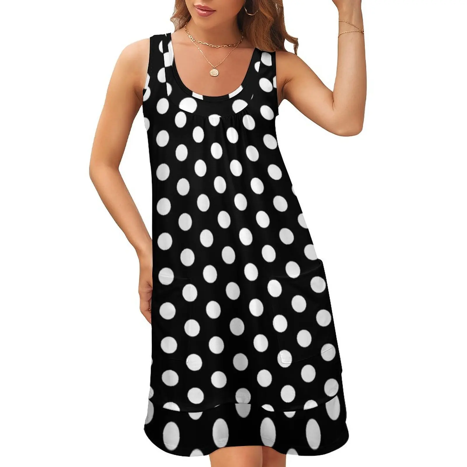 

Vintage Polka Dot Dress - Black and White Circles Sleeveless U-Neck Fake Two Piece Dress prom dresses clothing women summer 2024