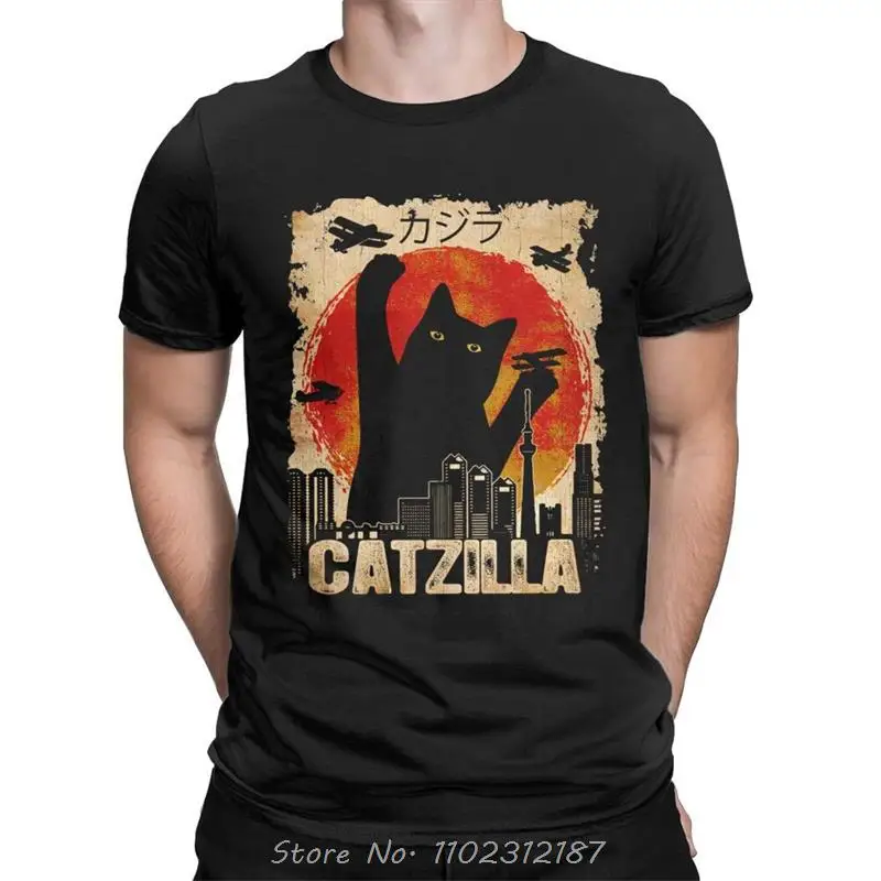 Komik Catzilla Japonya Kedi Yavrusu Sevgilisi Erkek T Gömlek Erkek Casual Tees Yaz Büyük Boy Tshirt Harajuku Gömlek Erkekler Pamuklu Tişört