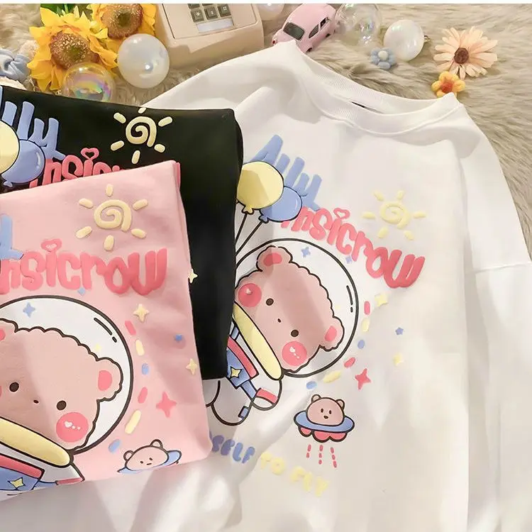 Space Bear Printing Cute Loose Hoodies Oversized Sweatshirt Women Long Sleeve Harajuku Y2K Clothes Spring Pullovers Fashion