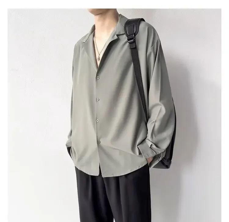 Koreanische Mode männer Hemd Frühling Sommer Neue Lose Beiläufige Lange ärmeln Revers High Street Männlichen Anzug Hemd Weiß schwarz Grau Grün – Detail 19