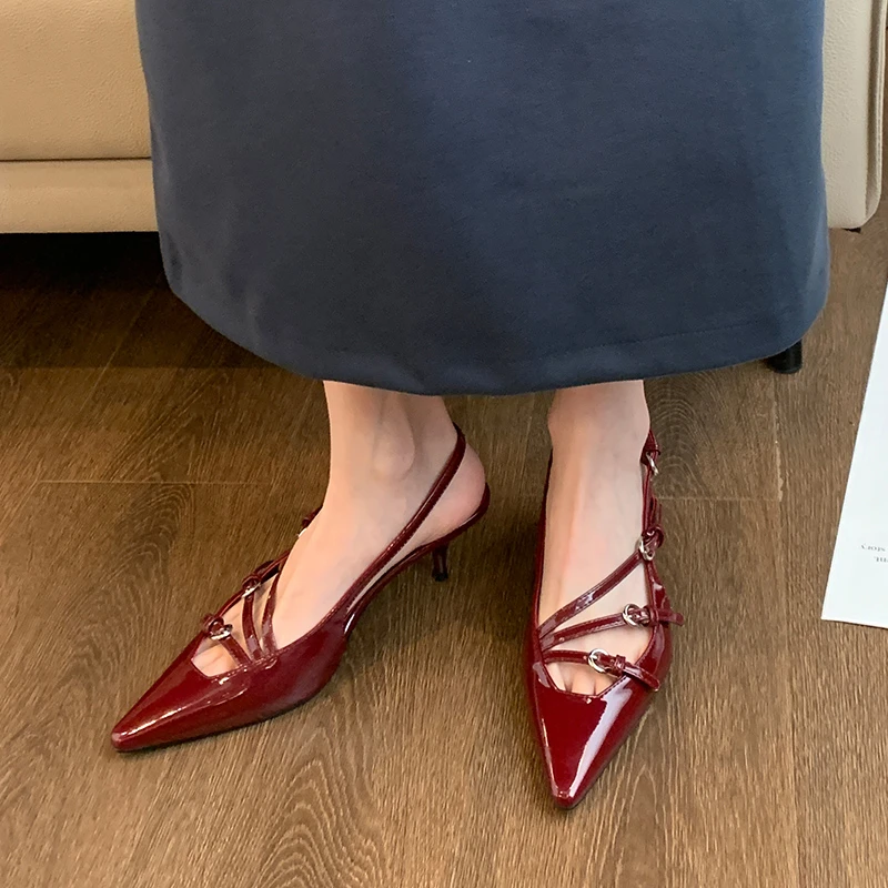 Pumps Footwear Red Women High Heels Shoes Luxury Fashion Metal Buckle Ladies Heels Shoes Female Pointed Toe Slingbacks