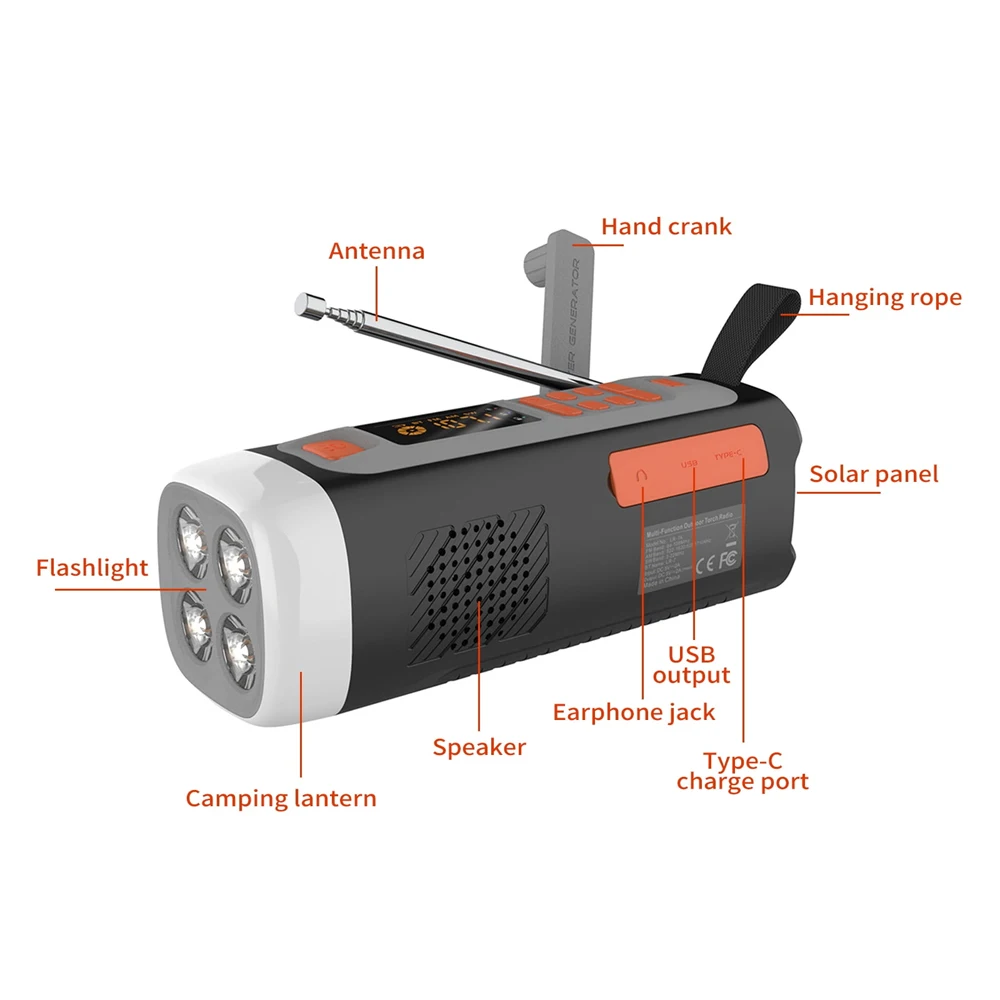 4500mAh Emergency Radio AM/FM/SW Survival Power Bank Phone Charger USB C/Solar/H
