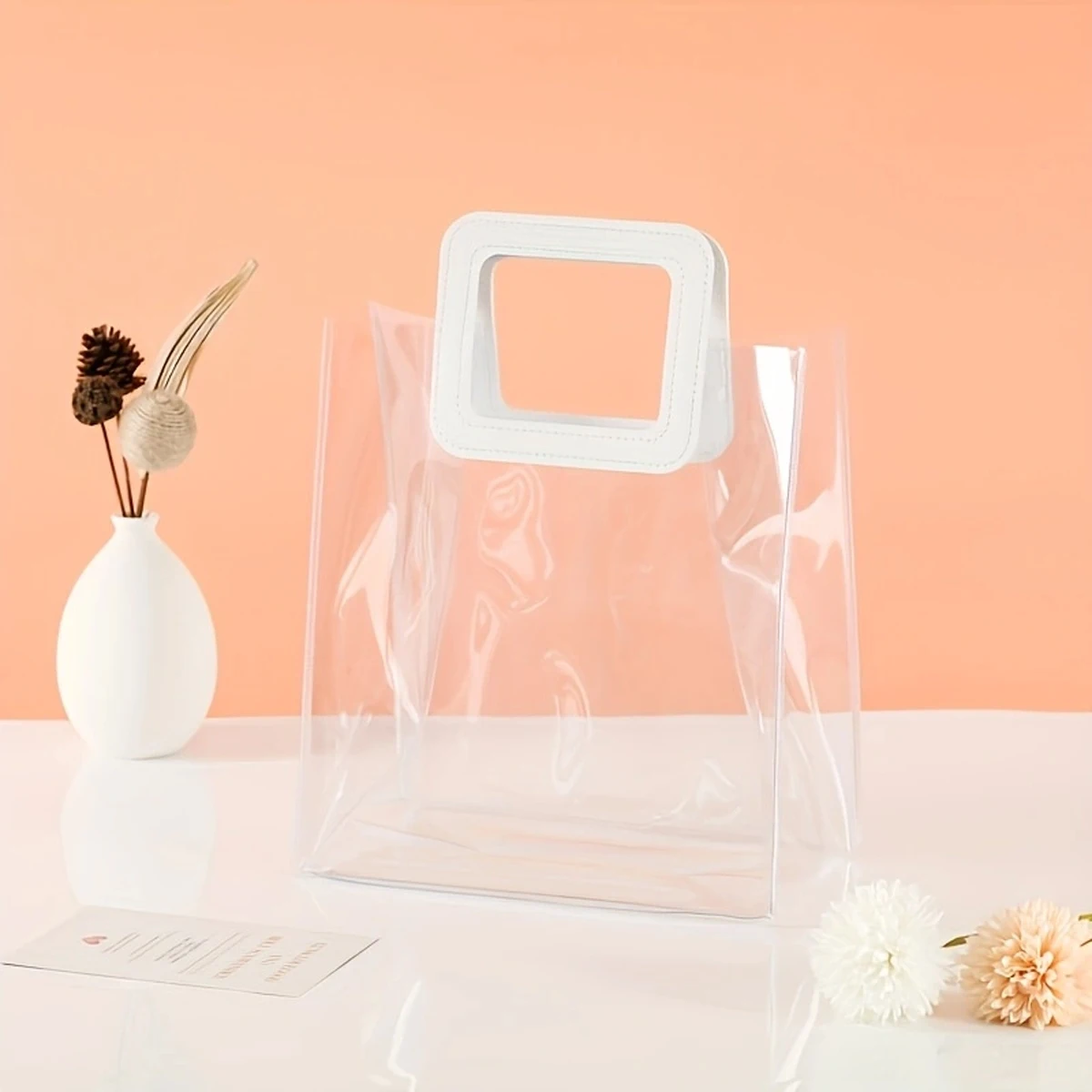 1pc/5pcs - Romantic Handbag with White Handle Transparent Square Gift Bag with Flower Design for Women