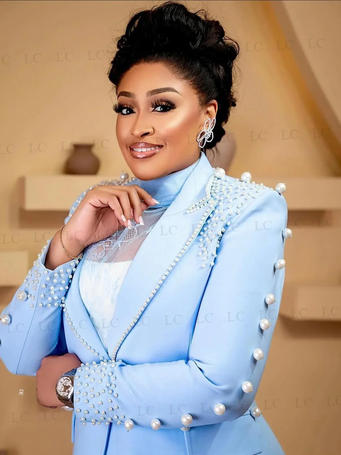 One Button Pearls Blue Beads Women Suits 2 Pieces Blazer Pants Peaked Lapel Tuxedo Prom Slim Plus Size Costume Homme