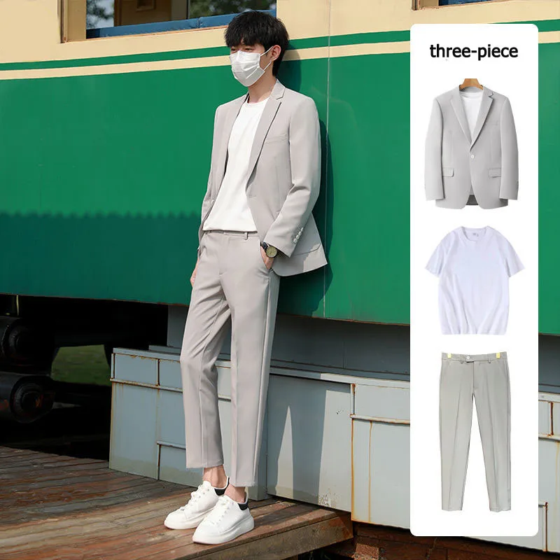 Spring Solid Color Suit Mens Streetwear Loose Causal Fashion Single Button Tops Male Korean 2 Pieces & 3 Pieces Sets with Pants