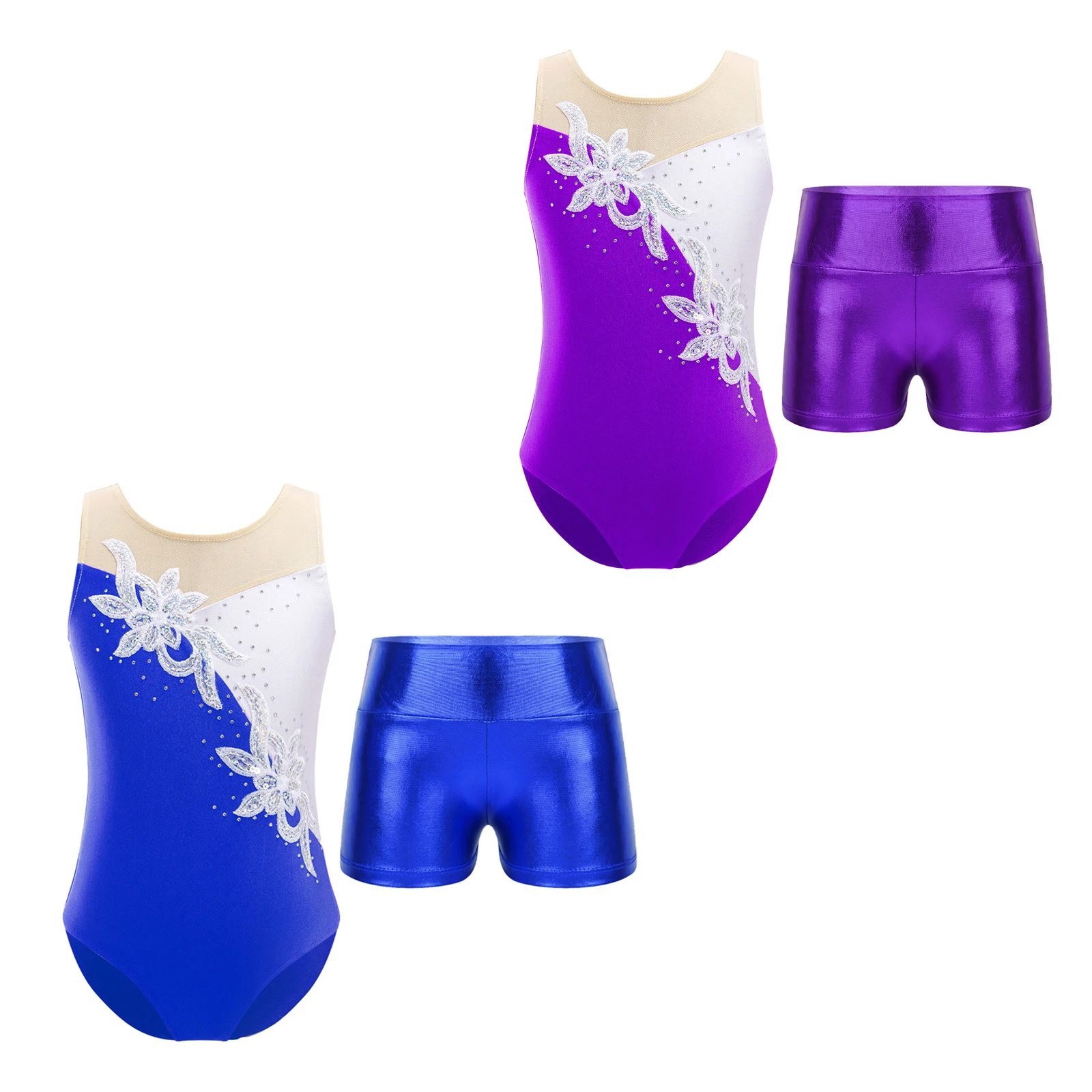 Kids Girls Ballet Dance Gymnastic Leotard Shiny Sequin Sleeveless Mesh