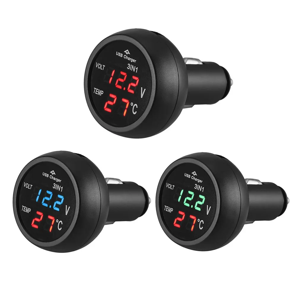 Universal Car Voltage Monitor with Digital LED Display and USB Charging Capabilities