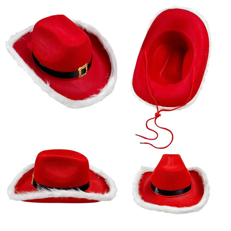 New Big Red Gold Metal Buckle Christmas Cowboy Hat for Men and Women's Festival Celebration Decoration Creative Fun Dressing