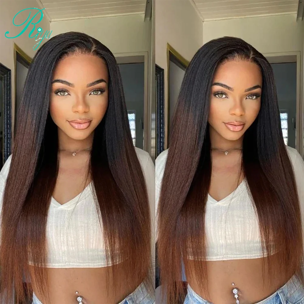 Kinky Straight 13x4 Transparent Lace Front Wig With Kinky Enges Ombre Honey Blonde Colored Human Hair 13x6 Lace Frontal Wigs