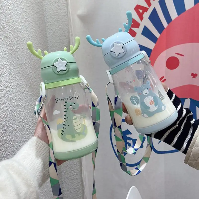 580ml Kids Water Sippy Cup Antler Creative Cartoon Baby Feeding Cups With Straws Leakproof Water Bottles Outdoor Children Cup