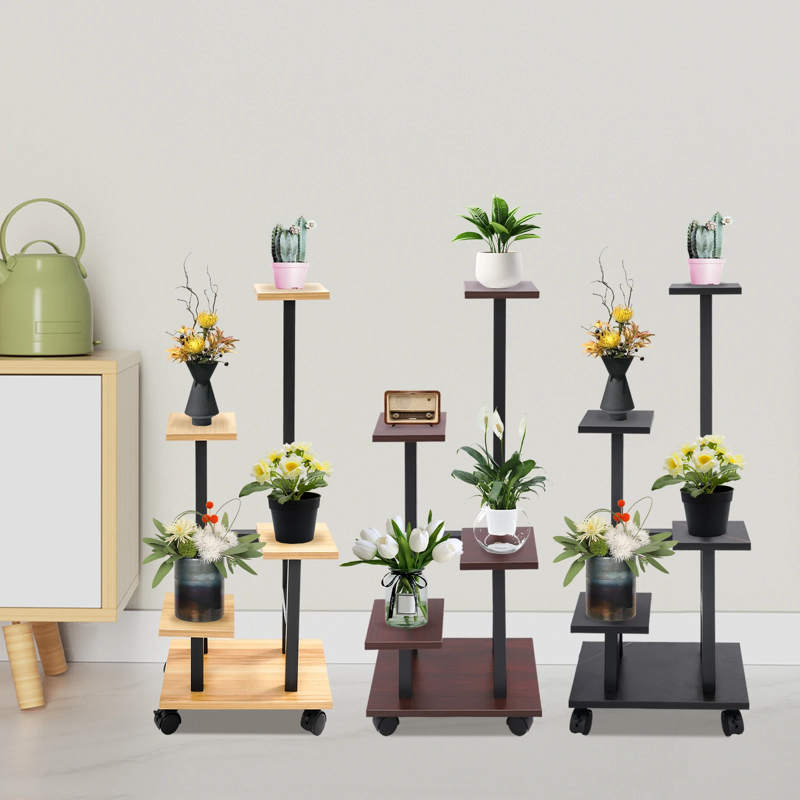 5-stufiger mehrstöckiger Pflanzenständer aus Holz, Pflanzenregal, Blumentopfständer, Pflanzenständer für drinnen und draußen, mit Universalrädern – Detail 3