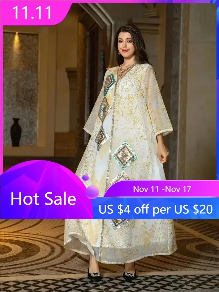 

Middle Eastern Dubai Kaftan Sequins Indian Dresses Prom Abaya White Chiffon Pullover Embroidered Dress Muslim Dinner Robe