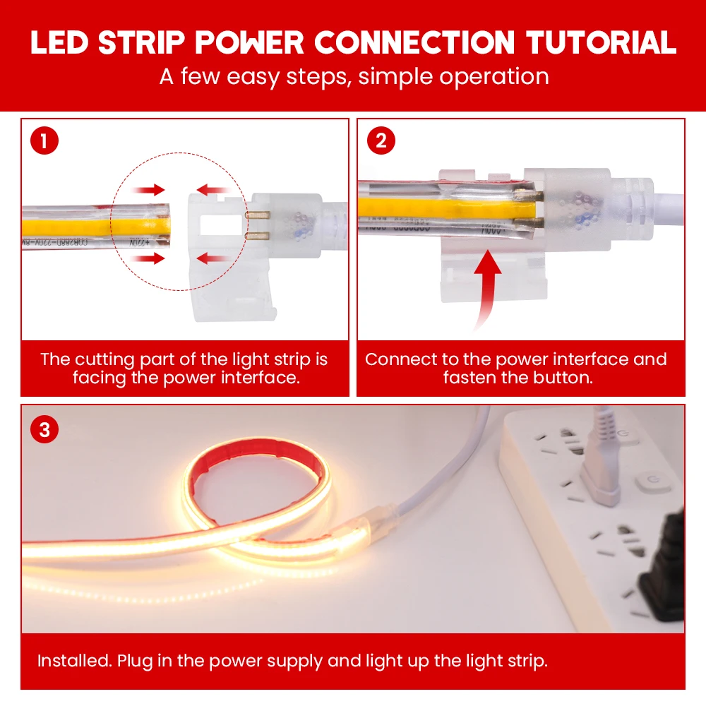 220V COB Led Strip with EU Switch Plug Adhesive Tape 288LEDs/m Waterproof Flexible Led Ribbon for Room Decor  5M 10M 20M 30M 40M