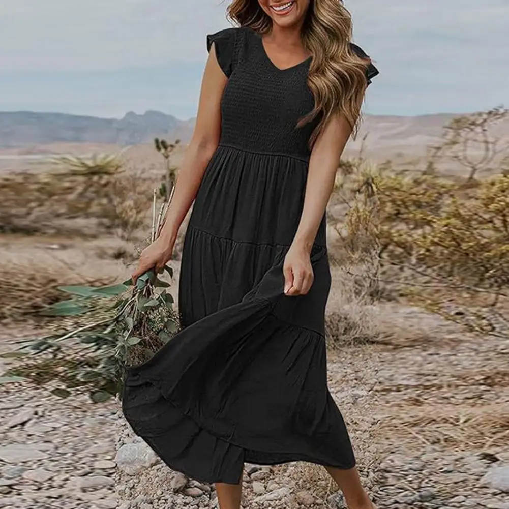 

Short Flying Sleeve Dress Elegant Pleated A-line Midi Dress with Flying Sleeves V Neck Detail for Beach Wear or Commuting Women