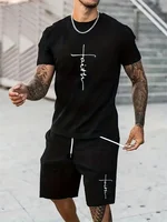 Mens T Shirt Shorts Set Fashion Mens Cross Printed Short Sleeve Two Pieces Oversized Outdoor Beach Sports Men's Plus Size Suit 1