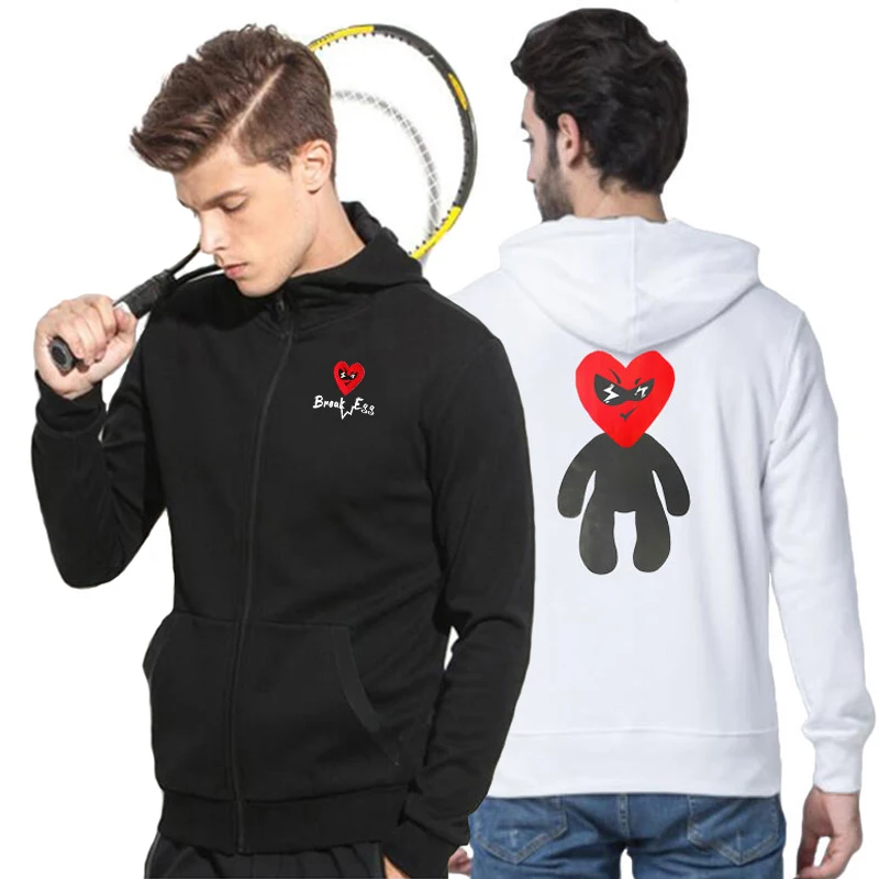 

Break Egg Hoodie Men Women Zipper Cotton Heart Glasses Embroidery Back Cartoon Men Print Thick Fleece Pocket Fit Autumn Hoodie