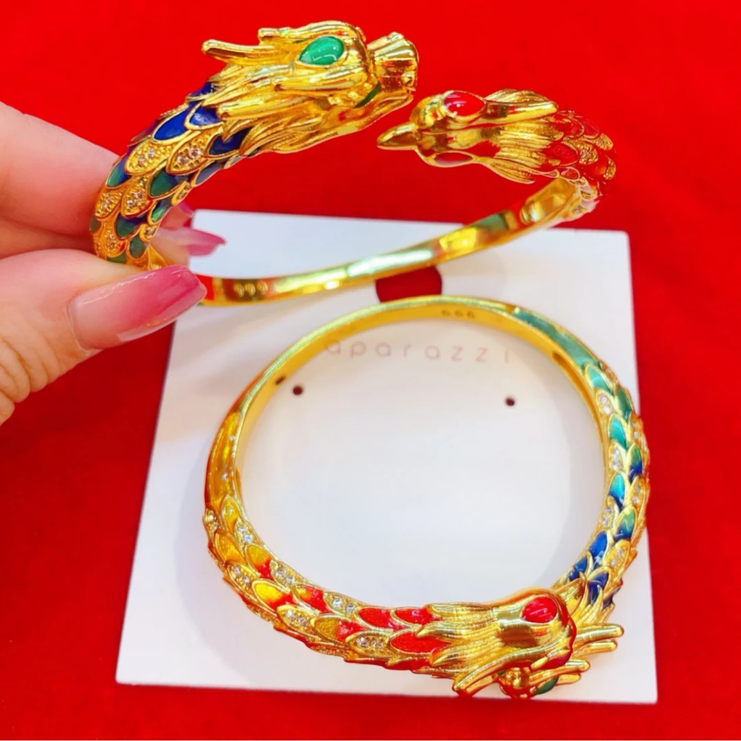 Vintage Palace Adjustable Bangles Ladies Enamel Dragon Phoenix Auspicious Cuff Bracelet Wedding Festival Party Jewelry