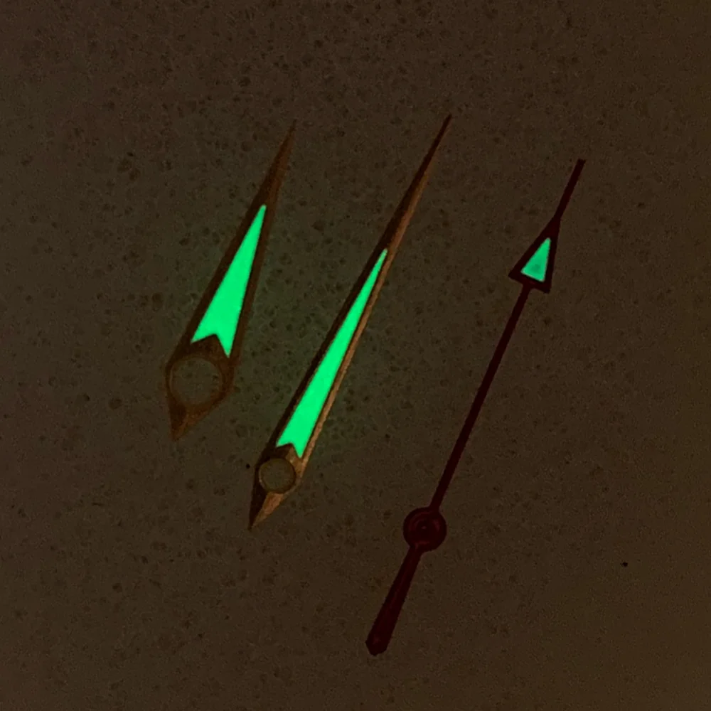Green Luminous Watch Hands with Gold and Silver Trim and Colorful Second Hands