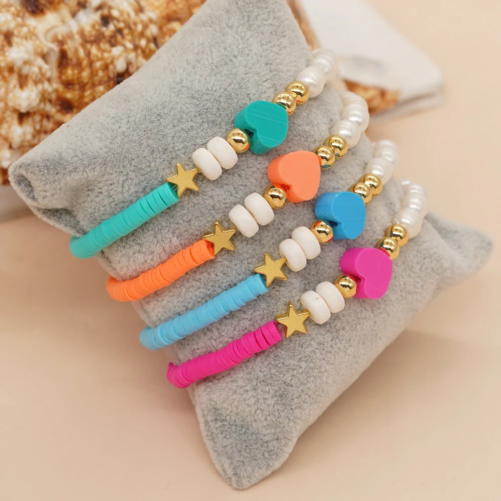 

Waterproof Clay Heart Bracelets Summer Jewelry Natural Pearl Stretch Bracelet for Women Teen Girl Handmade Gift Star Pulsera