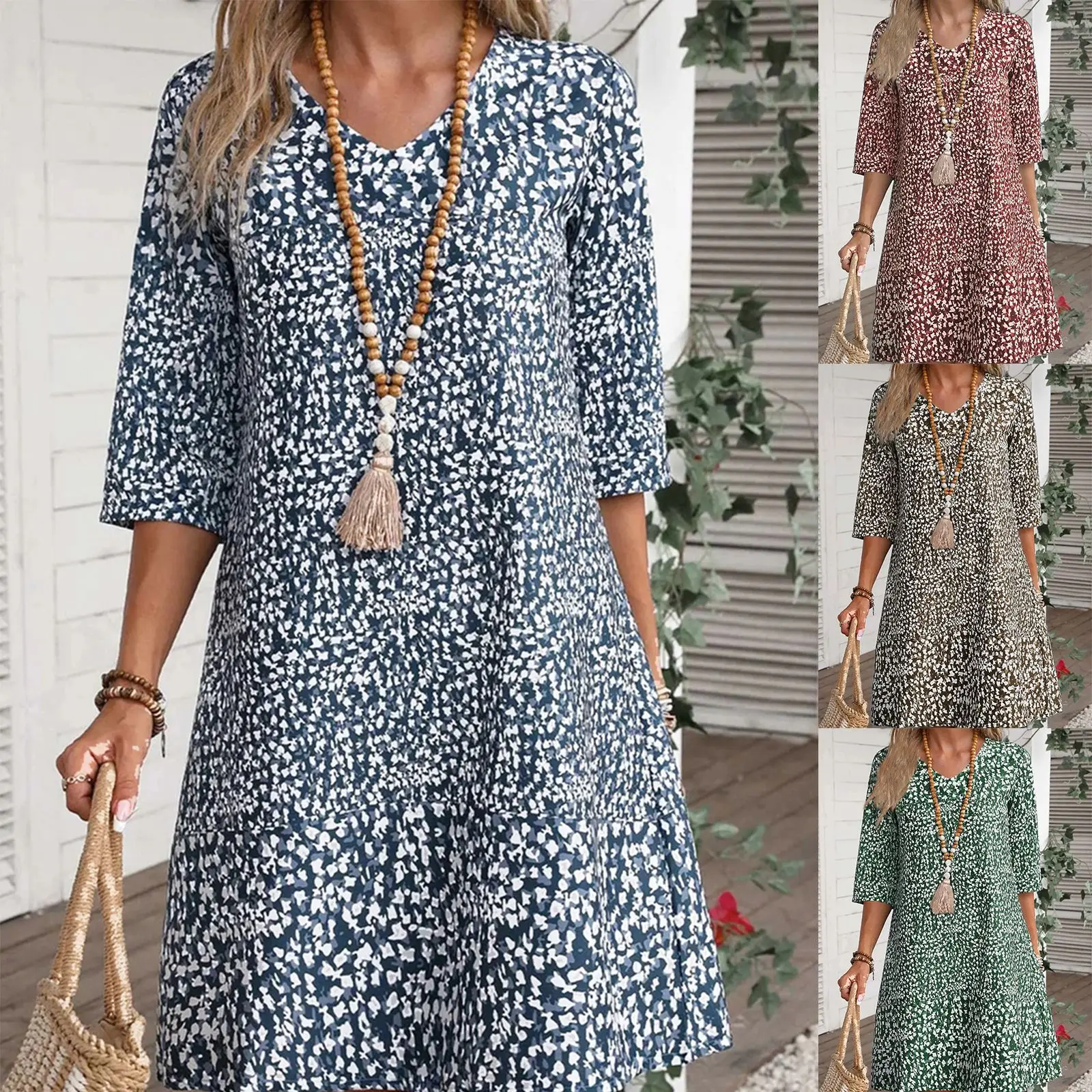 

2023 Summer V-neck Half Sleeve Party Dress Women's Autumn Printed Casual Loose Pullover Female Vintage Fashion Boho Party Dress