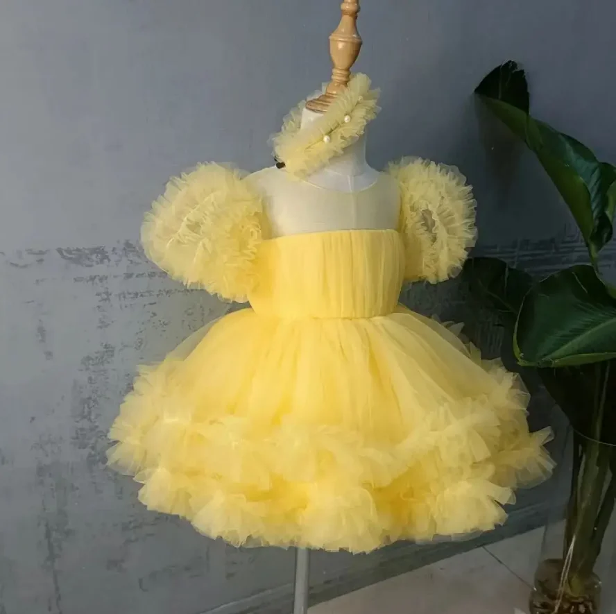 

Yellow Tulle Puffy Baby Girl Dresses For Birthday Tiered Kids Tutu Party Princess Sheer Neck Toddler Baby Ball Gown
