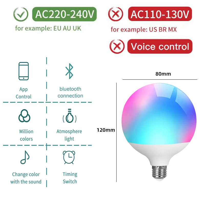 220V Tuya Bluetooth LED Bulb Dimmable 10W E27 Base Round Bulb G80 RGBCW Color Change Lamps Smart Life APP Group Control Timing