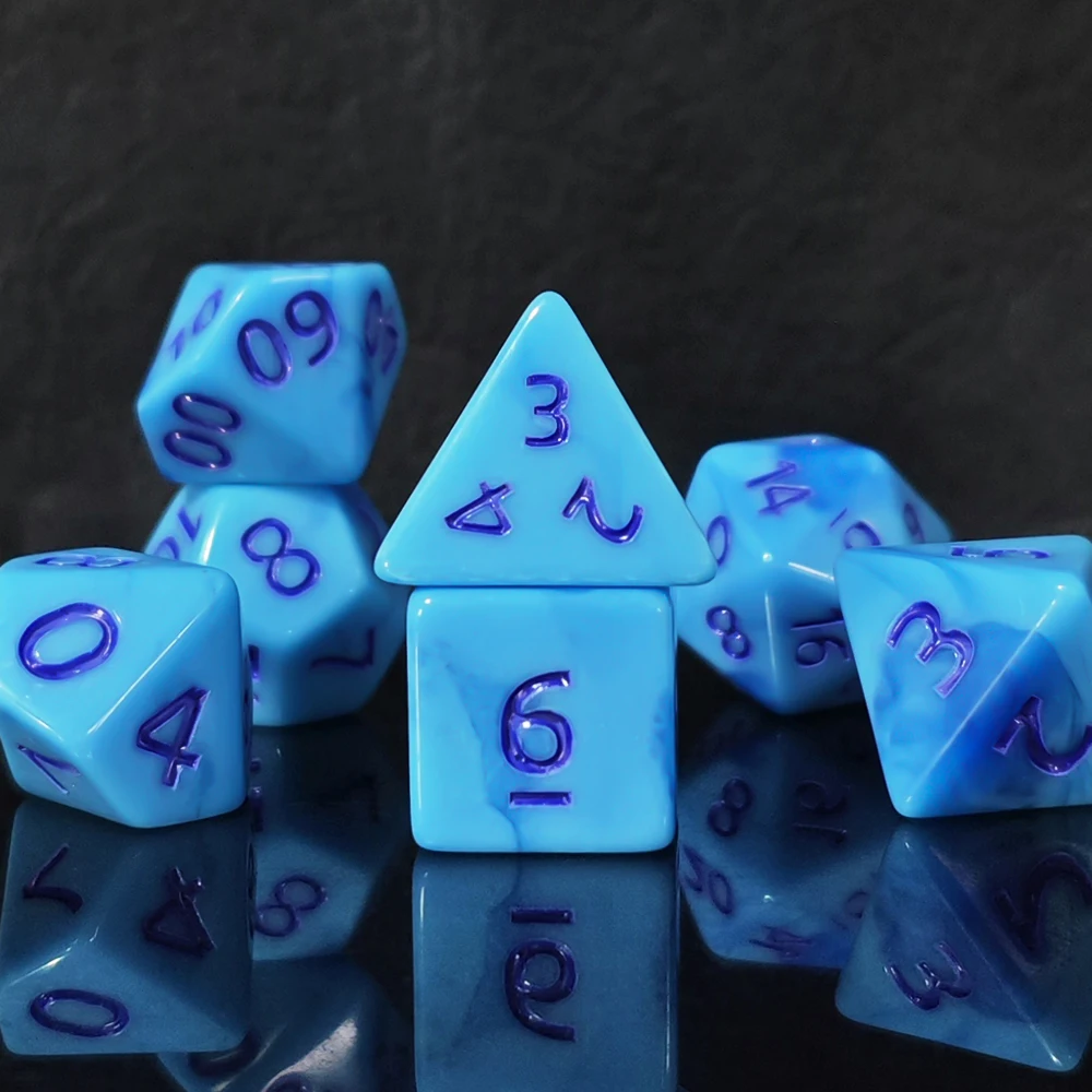 Elegant Two-Tone Blue Swirl Polyhedral Dice Set with Deep Blue Ink