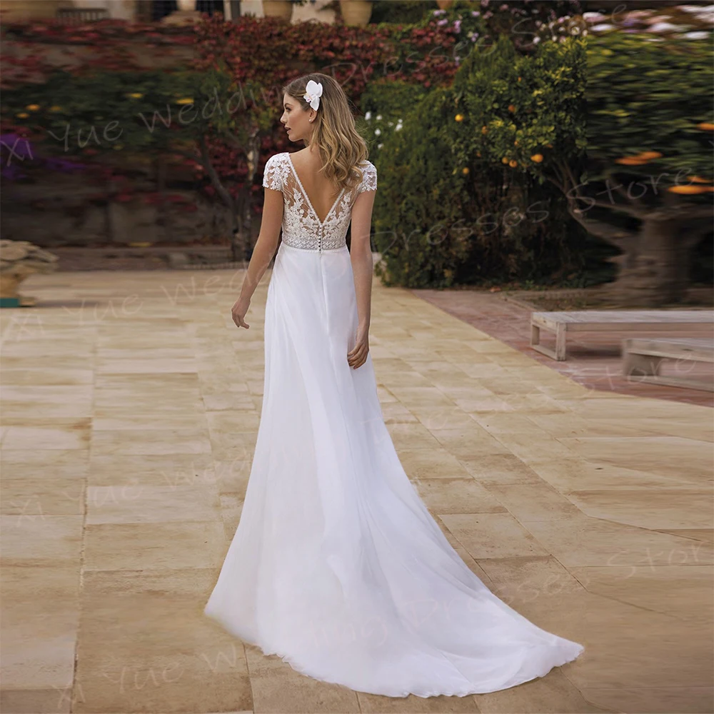 A Line Women's Wedding Dresses Appliques Lace Bride Gowns V Neck Backless Customized