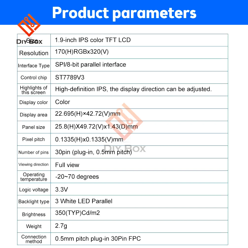 1.9 Inch TFT LCD Display 170x320 ST7789 Driver 30PIN High-definition IPS LCD Screen Support SPI/8-bit Parallel Port Interface