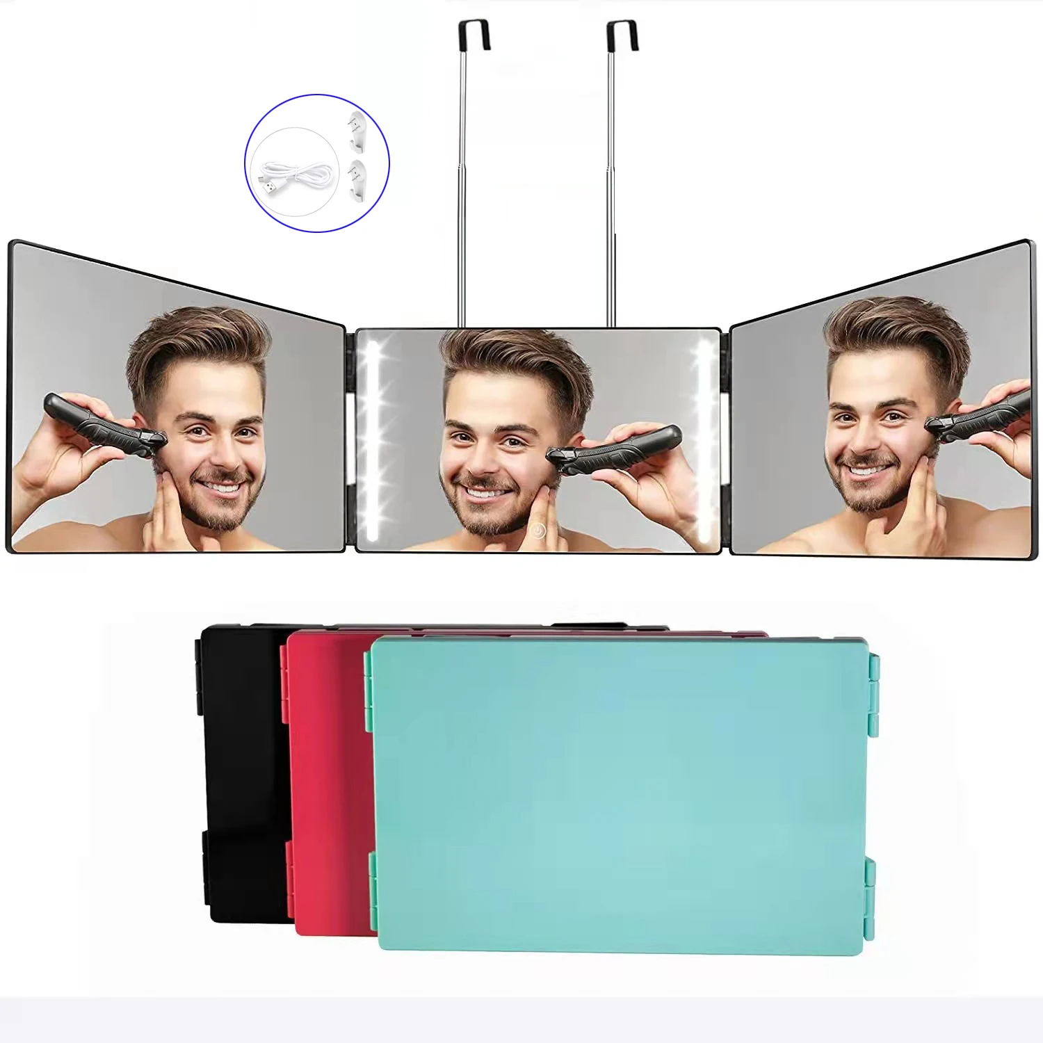 3 Way Mirror With Led For Self Hair Cutting, Styling & Make Up - Trifold 360  Mirror With Height Adjustable Telescoping Hooks - Makeup Mirrors -  AliExpress
