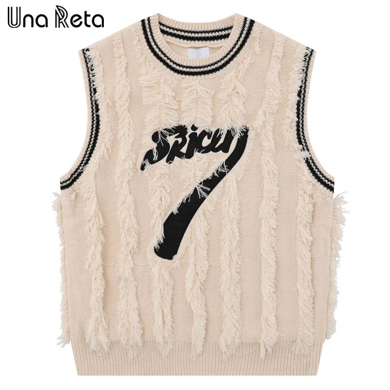 

Una Reta Tassel Knitted Sweater Vest Men Streetwear V Neck Vests Pullover Fashion Embroidery Sleeveless Men's Sweater