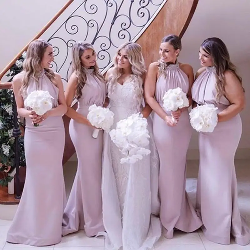 

Sexy Pink Sling Beads Sleeveless 2023 Mermaid Long Sweep Trailer Custom Wedding Guest Bridesmaid Dress Plus Size