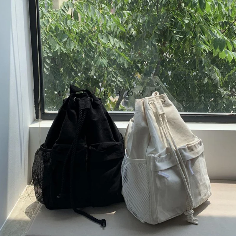 Fashion Canvas Backpack Women Drawstring Large Capacity Backpack For Travel Simple Style New Travel Backpack Shoulder Bags