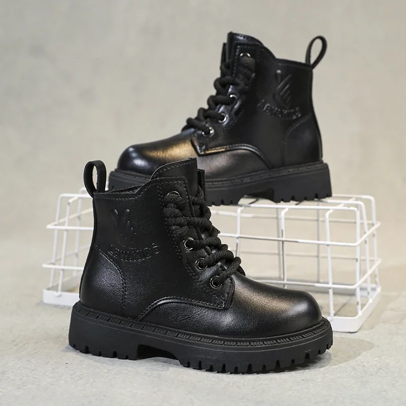 Children Boots Kid's Winter Cotton Boots Plus Velvet Thickening Water Proof Retro Black Trendy All-match Leather Casual Boys Girls Ankle Boot