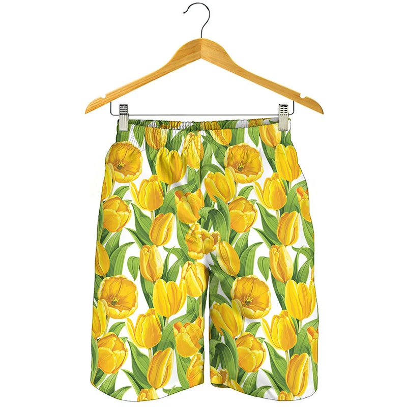 

Fashion Tulip Floral Beach Shorts For Men 3D Printed Plants Flower Short Pants Surf Board Shorts Summer Loose Kids Swim Trunks