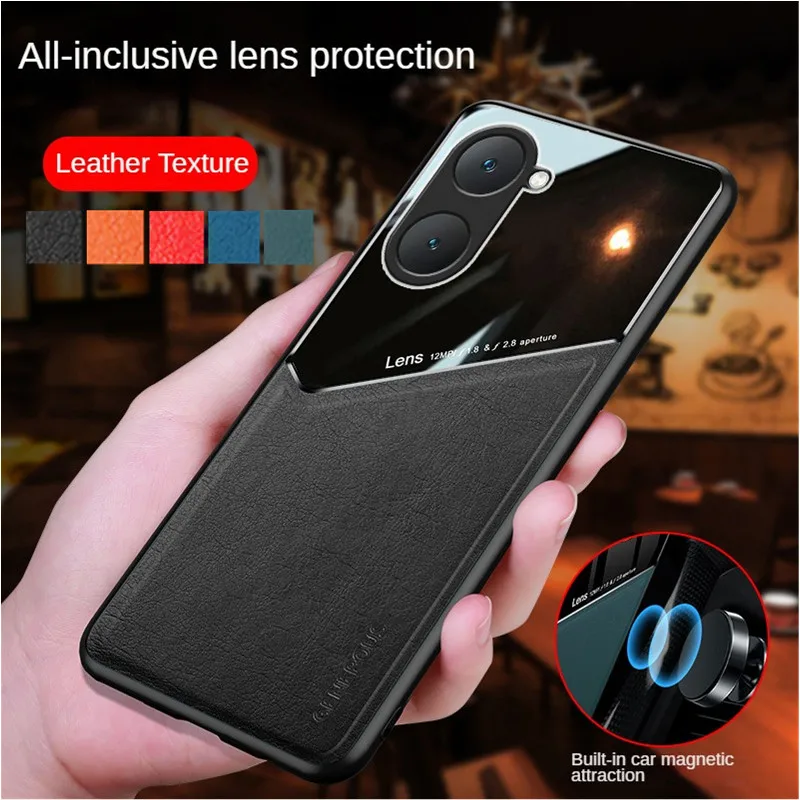 Leather Texture Case For VIVO Y03 Y17S Y27 5G Y16 Y36 Y35 Y77 Cover With Car Magnetic Suction Holder Coque Fundas Capa_voghion.com