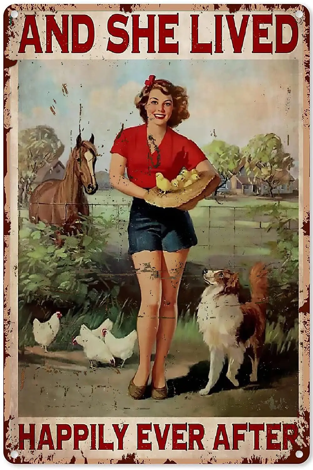 

Metal Tin Sign and She Lives A Happy Life Girl and Chicken Dog Horse Girl Farmer Decoration Wall Art Retro Poster Yard Home