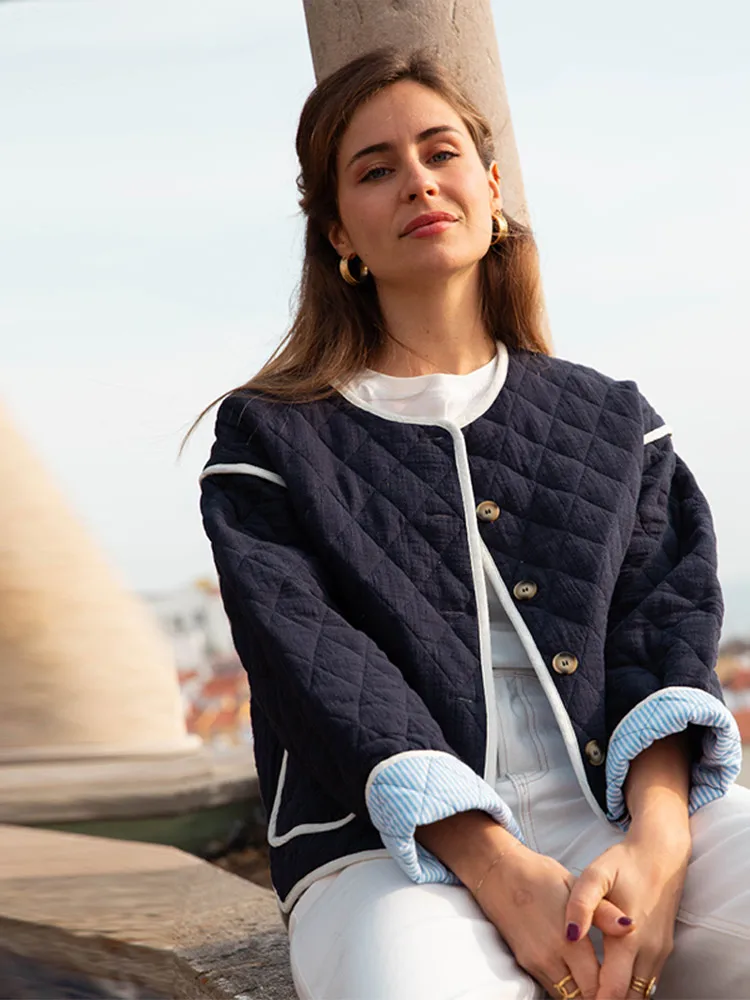 Argyle Panelled Patchwork Thin Padded Jacket Women Elegant O-neck Long Sleeve Single Breasted Pockets Coats New Ladies Outerwear