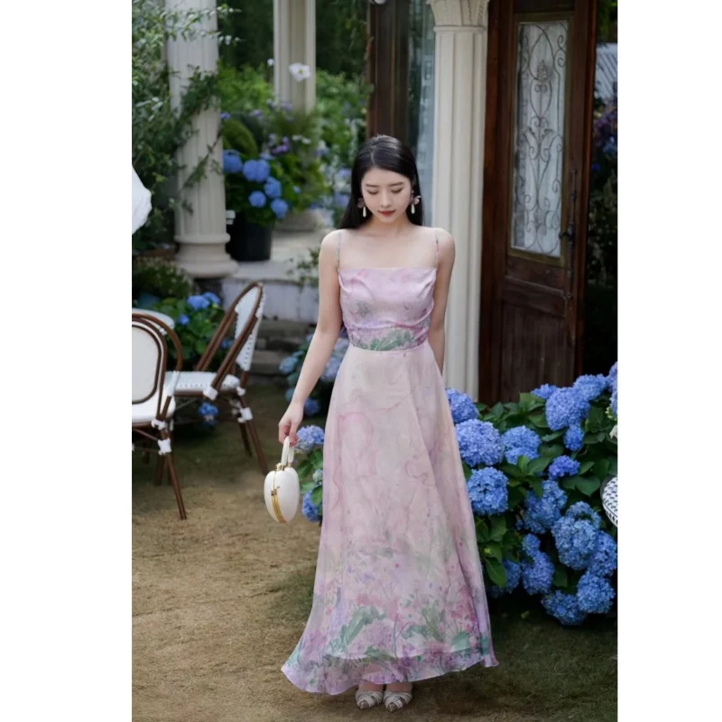 

Pink Floral Suspender Dress, Long Floor DressElegant TemperamentFrenchGentle Style, Pure desire, Summer, Spring, Summer, 24 Year