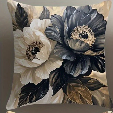 Black and white floral polyester pillow cover Design 1