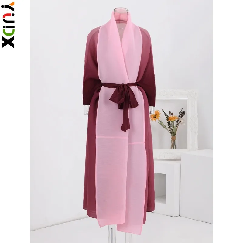 

YUDX Miyake Fashion Gradient Pleated Trench Coat Women Bat Sleeve Scarf Collar Long Windbreaker Loose Clothing 2024 New